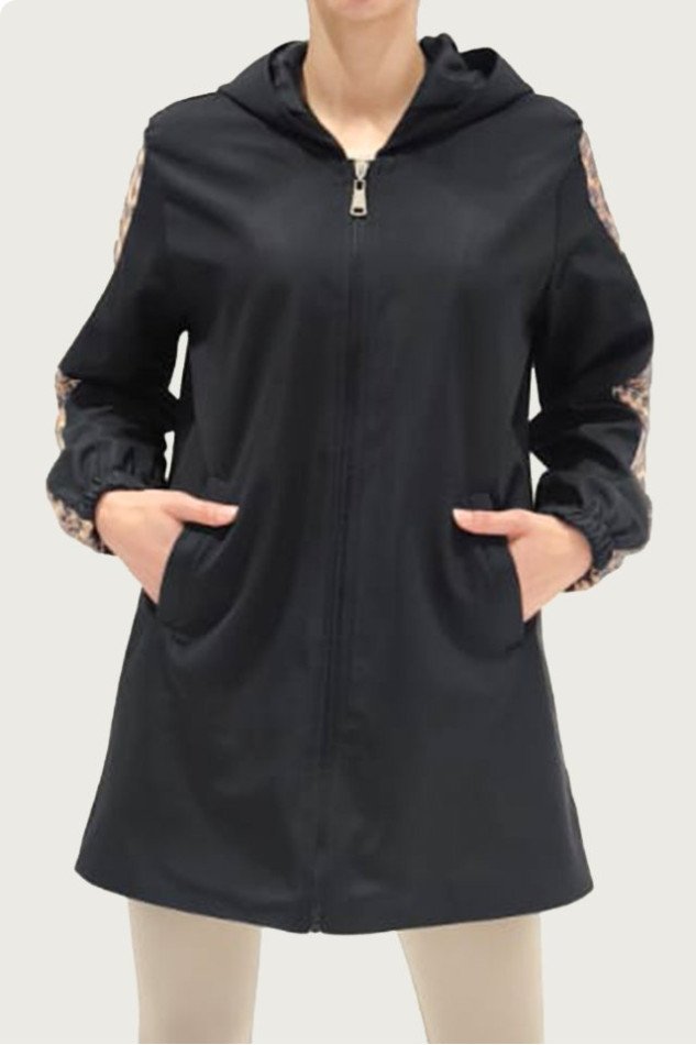 5103 Kolları Payetli Kapüşonlu Mont - Siyah
