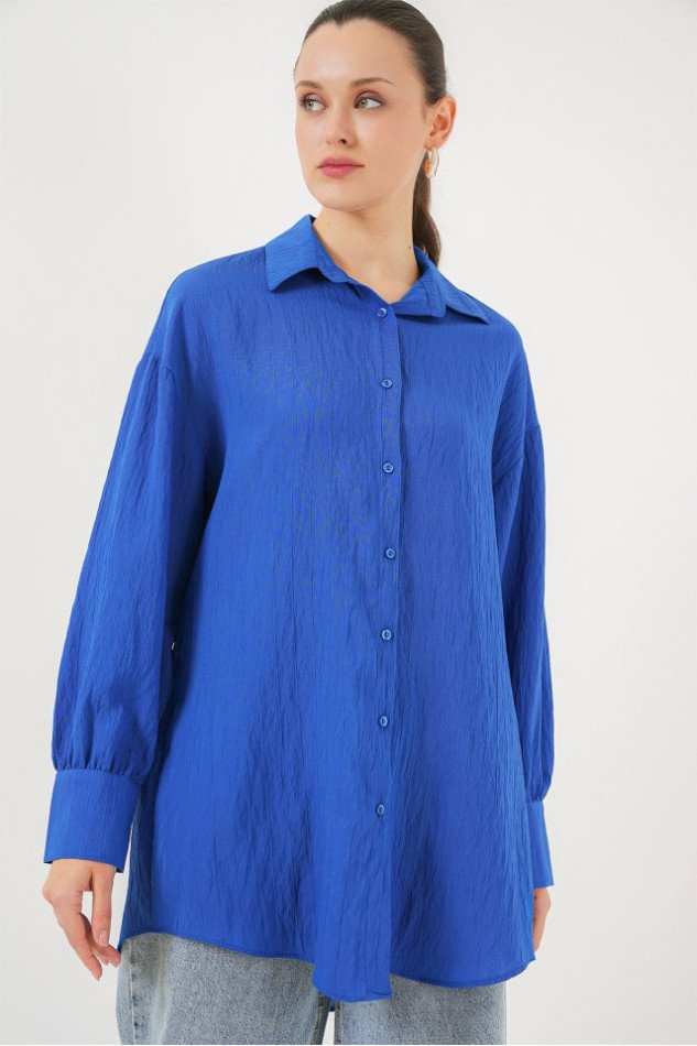 Çizgili Uzun Gömlek Tunik 5963 - Saks