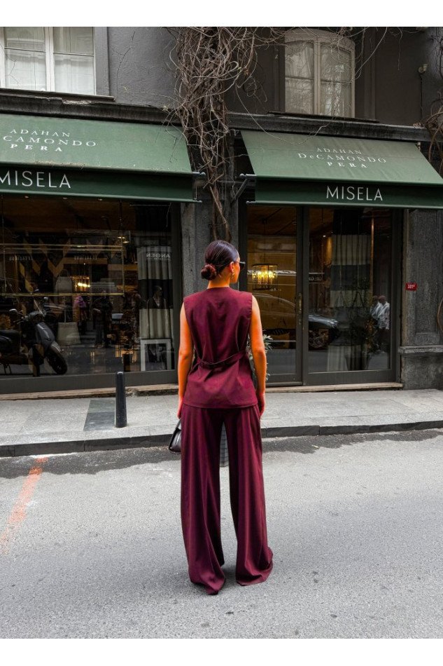 Poly Viscose Arkasi Düğme Ve Kemer Detayli Yelek Pantolon Takim