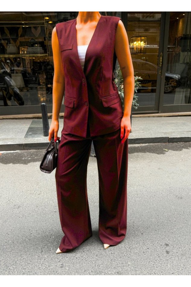 Poly Viscose Arkasi Düğme Ve Kemer Detayli Yelek Pantolon Takim