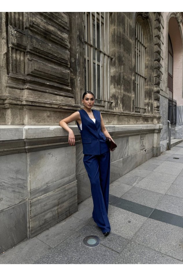 Poly Viscose Arkasi Düğme Ve Kemer Detayli Yelek Pantolon Takim
