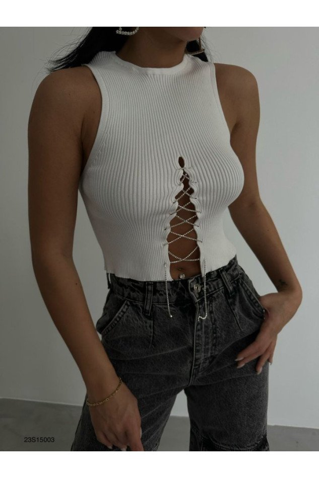 Taş Detay Dekolteli Crop Bluz