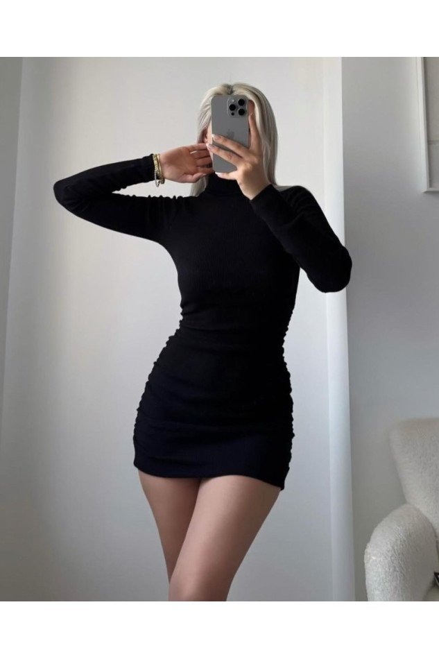 Kadın Uzun Kollu Balıkçı Yaka Büzgü Detay Kaşkorse Kumaş Mini Elbise