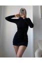 Kadın Uzun Kollu Balıkçı Yaka Büzgü Detay Kaşkorse Kumaş Mini Elbise