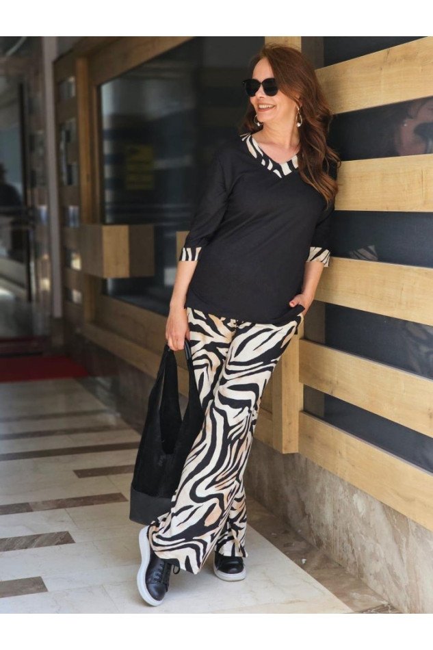 Kadın Modal Kumaş V Yaka Dirsek Kol Zebra Desenli Ikili Takım