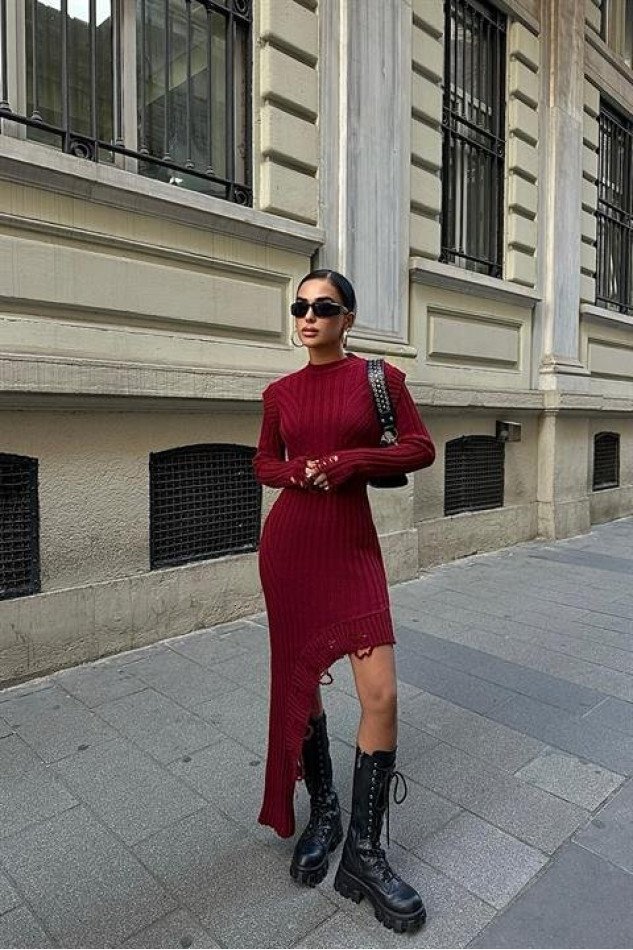 Asimetrik Detaylı Fitilli Triko Elbise 2824