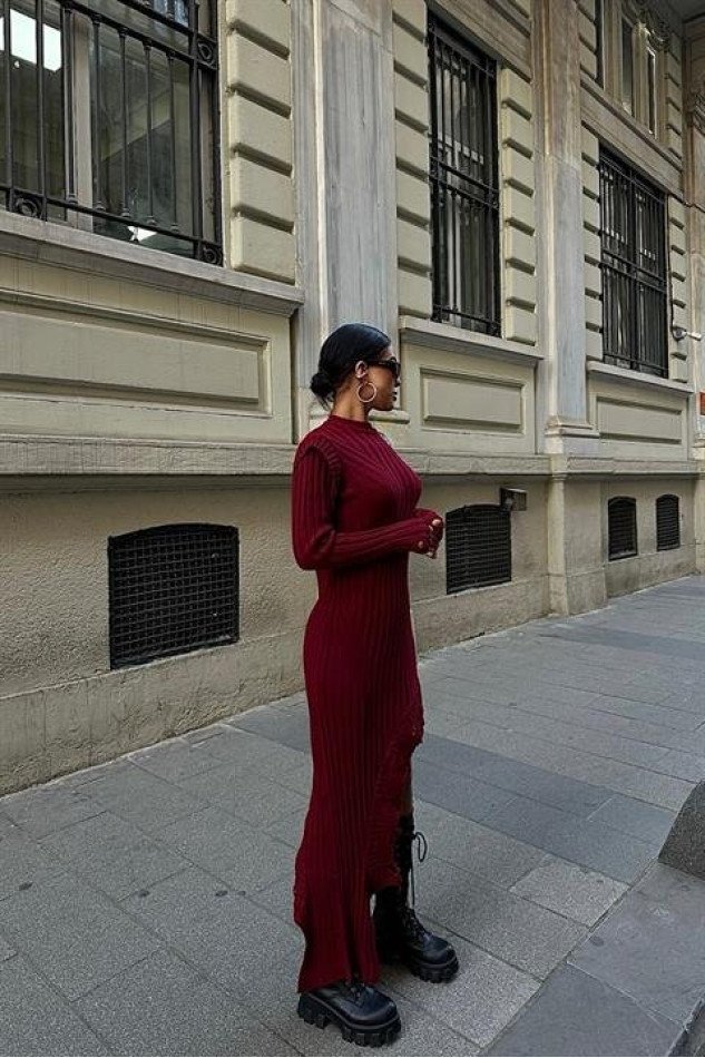 Asimetrik Detaylı Fitilli Triko Elbise 2824