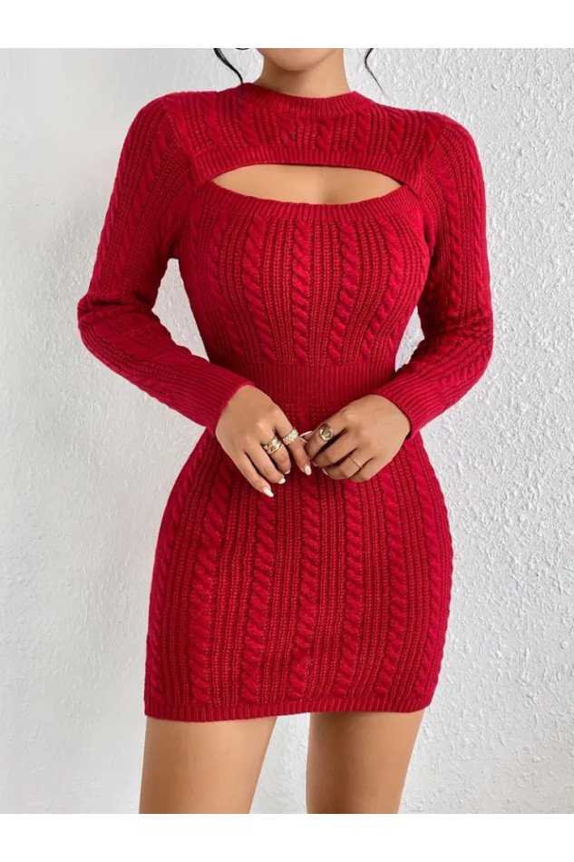 Kadın Uzun Kollu Yarı Balıkçı Yaka Pencere Göğüs Detay Mini Triko Elbise