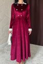 Bordo Yakası Taşlı Garnili Kadife Elbise