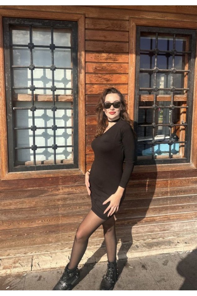 Kadın Uzun Kollu Tek Omuz Ve Kol Açık Detay Viskon Mini Boy Elbise