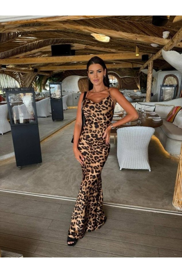 Kadın Saten Kumaş Leopar Desenli Uzun Askılı Elbise