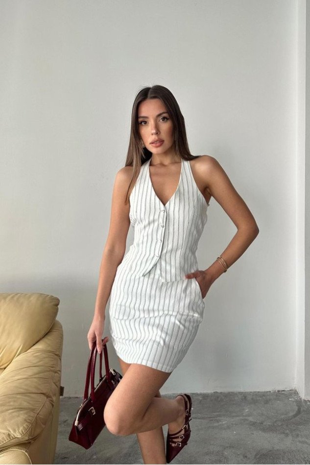 Beyaz Çizgili Yelek Ve Etek Takım