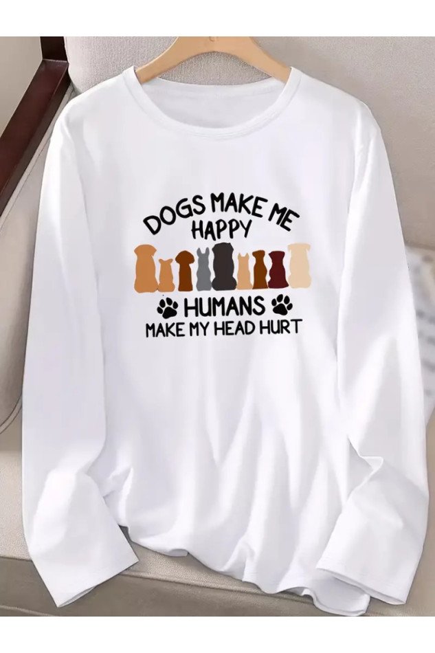Kadın Uzun Kollu Bisiklet Yaka Köpek Resimli Viskon Bluz
