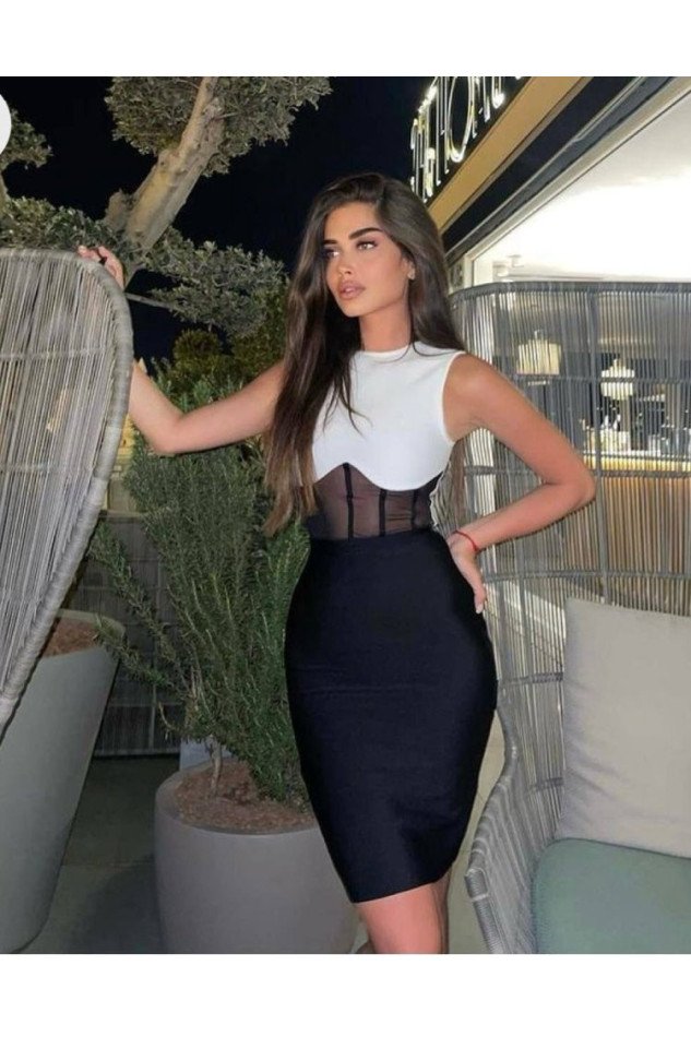 Kadın Bisiklet Yaka Kolsuz çift Renk Ve Bel Transparan Korse Detay Midi Boy Elbise