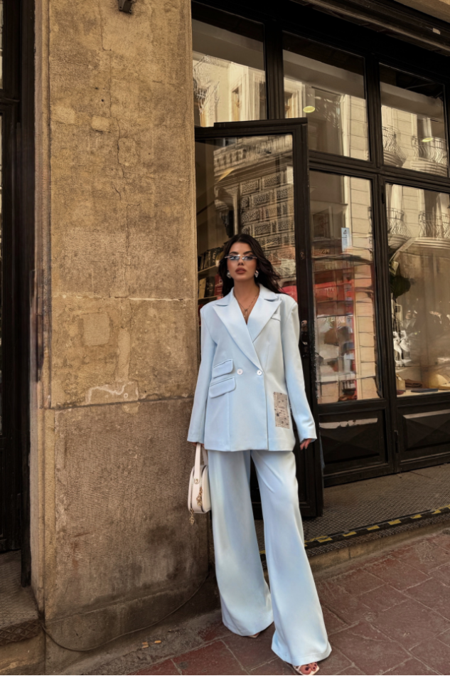 TASARIM ETİKET DETAYLI CEKET - PANTOLON TAKIM - Bebe Mavi