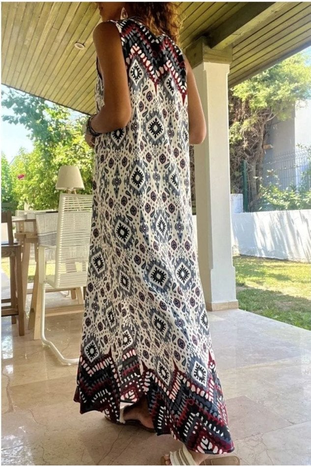 Kadın V Yaka Etnik Desen Baskılı Yırtmaç Detay Maxi Boy Elbise