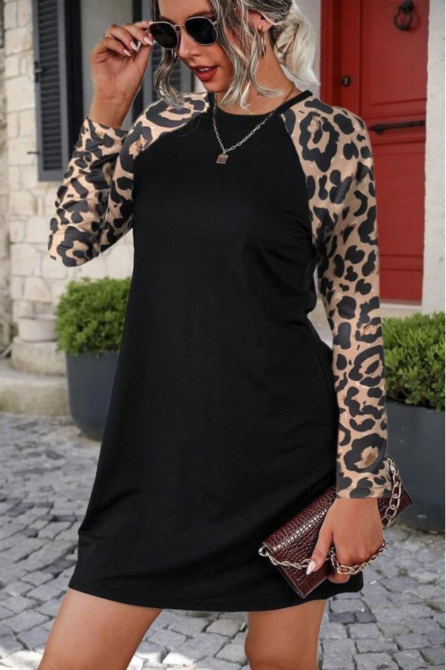 Kadın Uzun Kollu Bisiklet Yaka Kollar Leopar Detay Krep Mini Boy Elbise