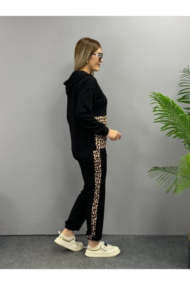 Kadın Uzun Kollu Leopar Detay Sweat Ve Yanı Leopar şerit Detay Pantolon Ikili Takım