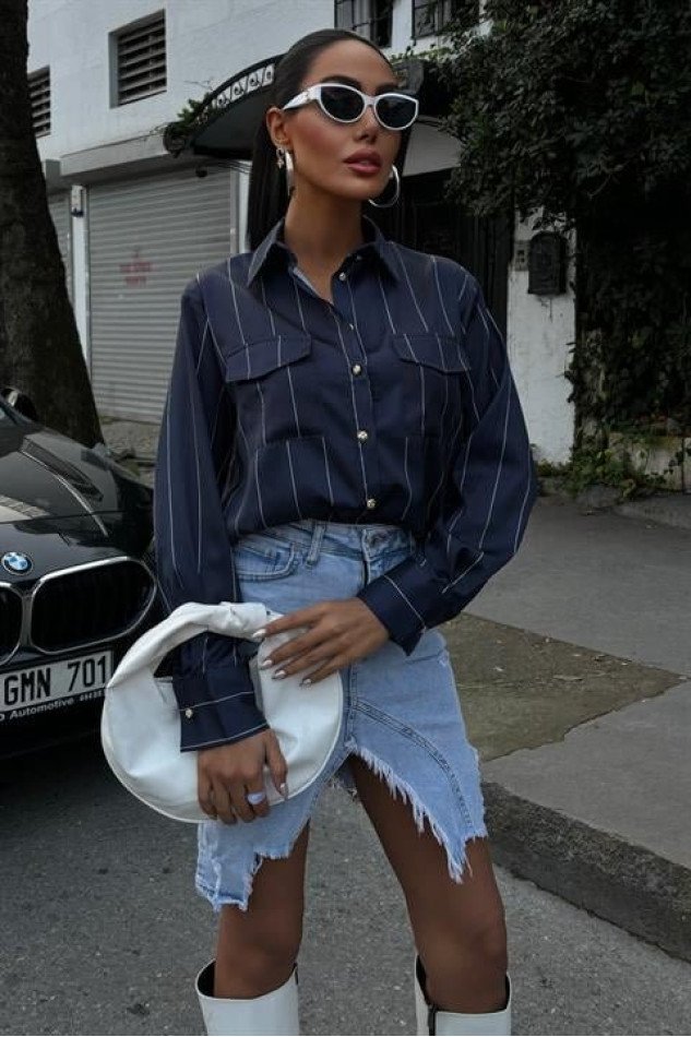 Chanel Saten Premium Çizgili Gömlek 3411