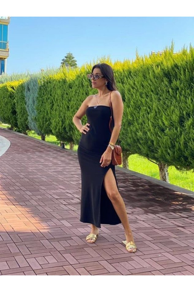 Kadın Pamuklu Kumaş Askısız Ve Yırtmaç Detaylı Midi Boy Elbise
