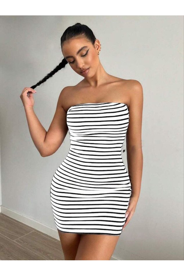 Kadın Kaşkorse Kumaş Çizgi Desenli Mini Elbise