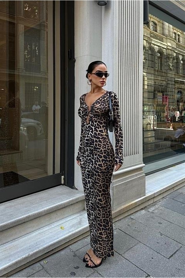 Halka Detaylı Leopar Desen Elbise 2823