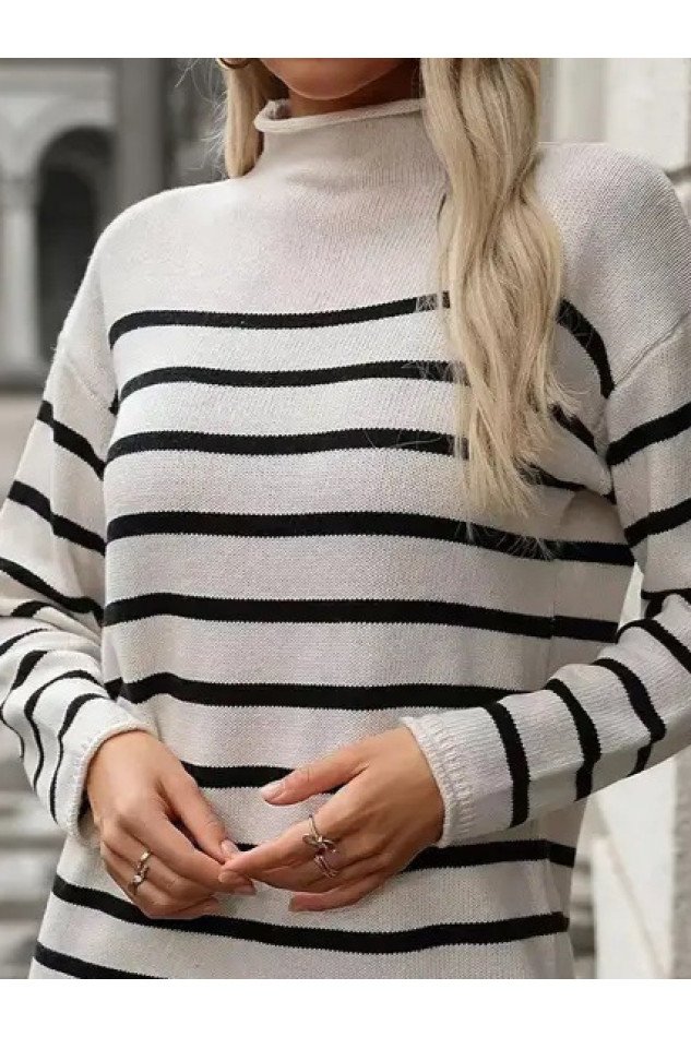 Kadın Uzun Kollu Yarım Balıkçı Yaka çizgilitriko Mini Boy Elbise (kemersiz)