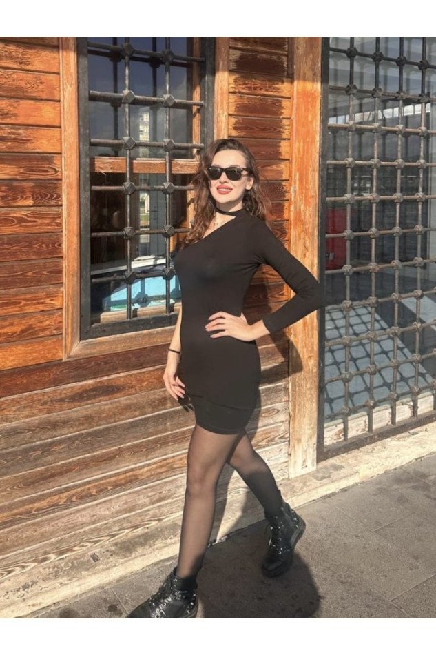 Kadın Uzun Kollu Tek Omuz Ve Kol Açık Detay Viskon Mini Boy Elbise