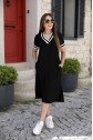 Kadın Kısa Kollu V Yaka Kol Ve Yaka Ribana Detay Midi Boy Viskon Elbise