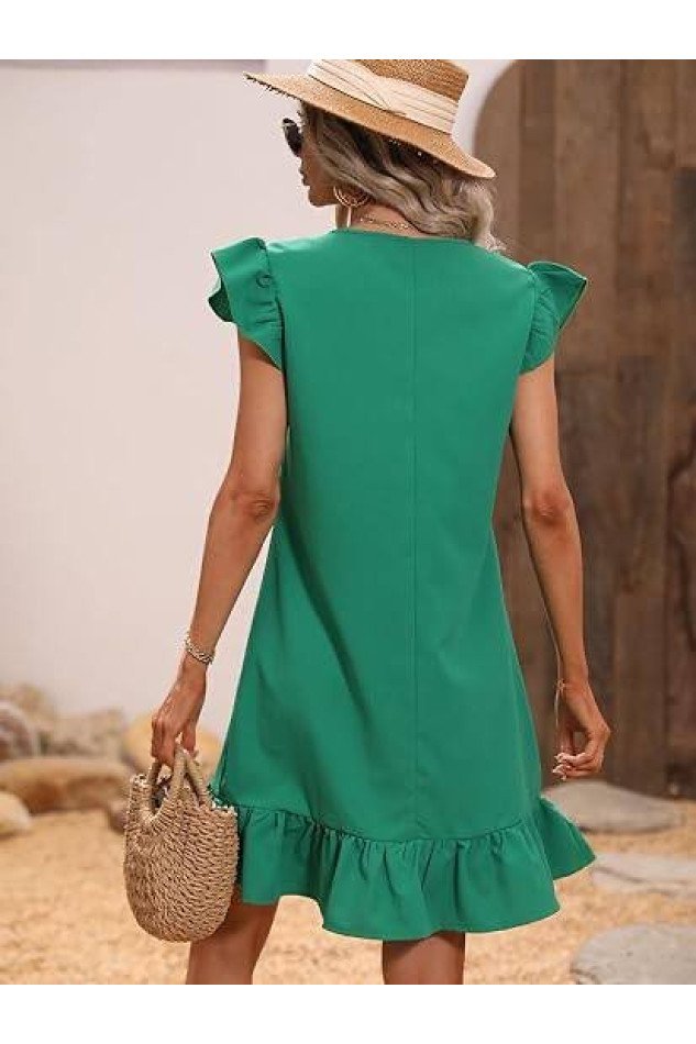 Kadın Balon Kollu Eteği Fırfırlı Pamuk-Polyester Kumaş Elbise