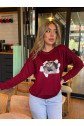 Kadın Uzun Kollu Bisiklet Yaka Kedi Desenli Viskon Iki Iplik Bluz