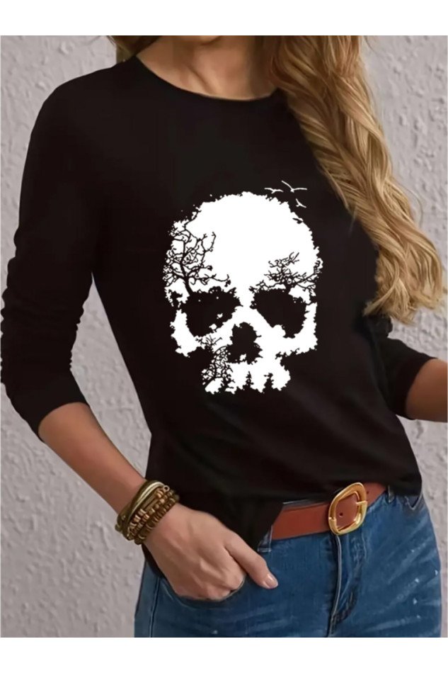 Kadın Uzun Kollu Bisiklet Yaka Kurukafa Desenli Viskon Bluz