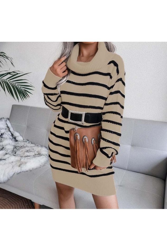 Kadın Uzun Kollu Degaje Yaka çizgili Sonya Iplik Mini Boy Triko Elbise (kemersiz)