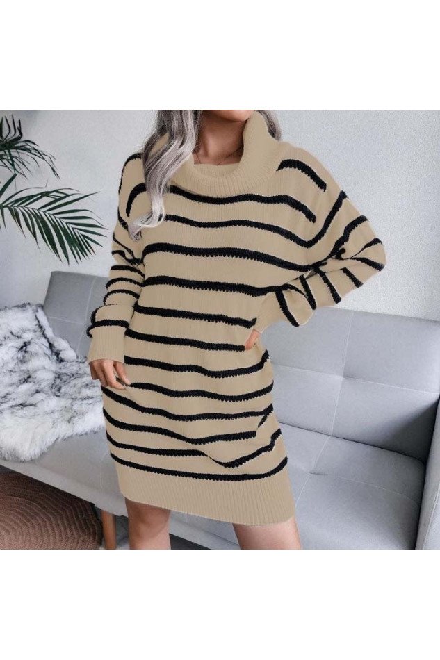 Kadın Uzun Kollu Degaje Yaka çizgili Sonya Iplik Mini Boy Triko Elbise (kemersiz)
