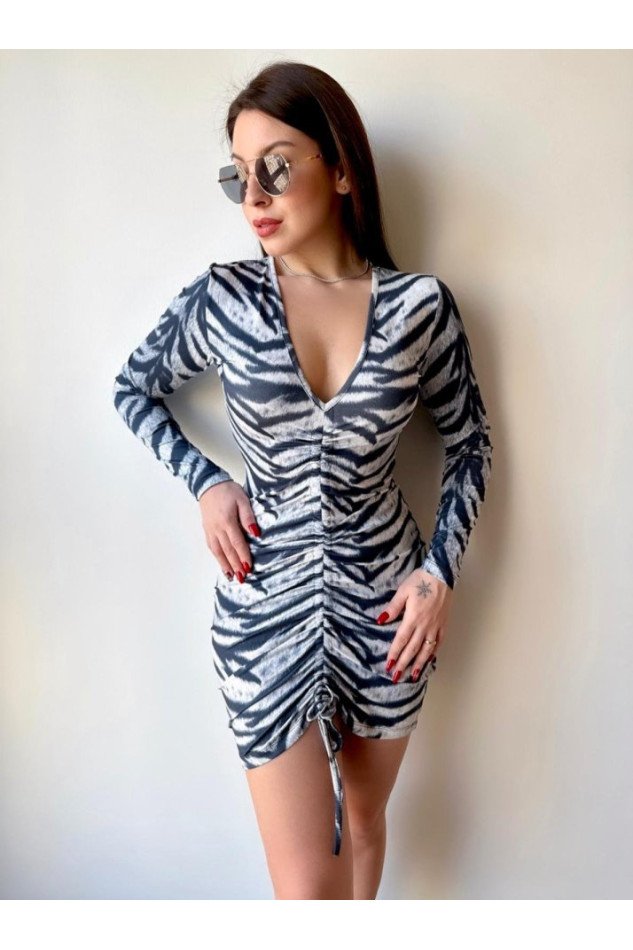 Kadın V Yaka önü Asansör Büzgü Detay Fırsat ürün Zebra Mini Elbise