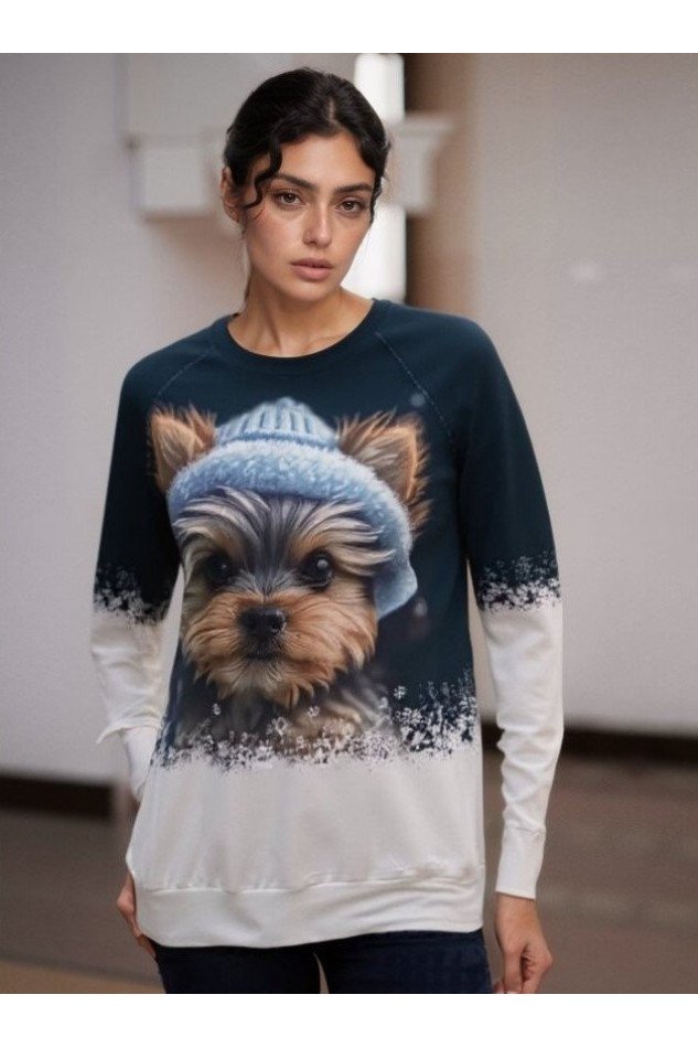 Kadın Uzun Kollu Bisiklet Yaka Köpek Baskılı şardonlu Dalgıç Bluz