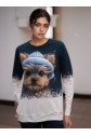 Kadın Uzun Kollu Bisiklet Yaka Köpek Baskılı şardonlu Dalgıç Bluz