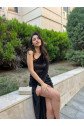 Kadın Uzun Kollu Yırtmaçlı önü Pile Detay Kadife Elbise