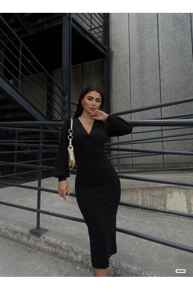 Kadın Uzun Kollu Kruvaze Yaka Büzgü Ve Balon Kol Detay Krep Kumaş Maxi Boy Elbise
