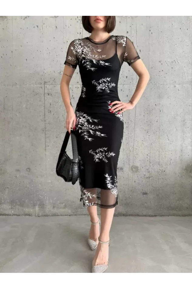 Baskılı Şifon Kimono Elbise - Siyah