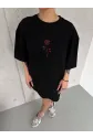 Unisex Bisiklet Yaka Baskılı Oversize T-Shirt - Siyah