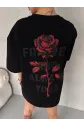 Unisex Bisiklet Yaka Baskılı Oversize T-Shirt - Siyah