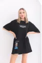 Unisex Bisiklet Yaka Baskılı Oversize T-Shirt - Siyah