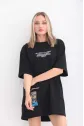 Unisex Bisiklet Yaka Baskılı Oversize T-Shirt - Siyah