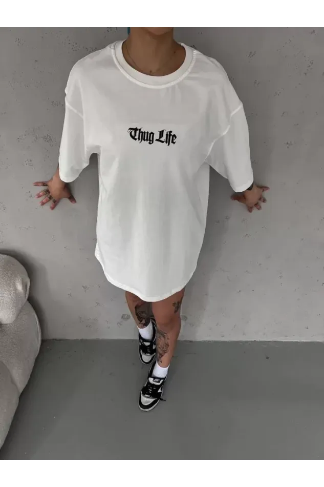 Unisex Bisiklet Yaka Baskılı Oversize T-Shirt - Beyaz