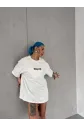 Unisex Bisiklet Yaka Baskılı Oversize T-Shirt - Beyaz