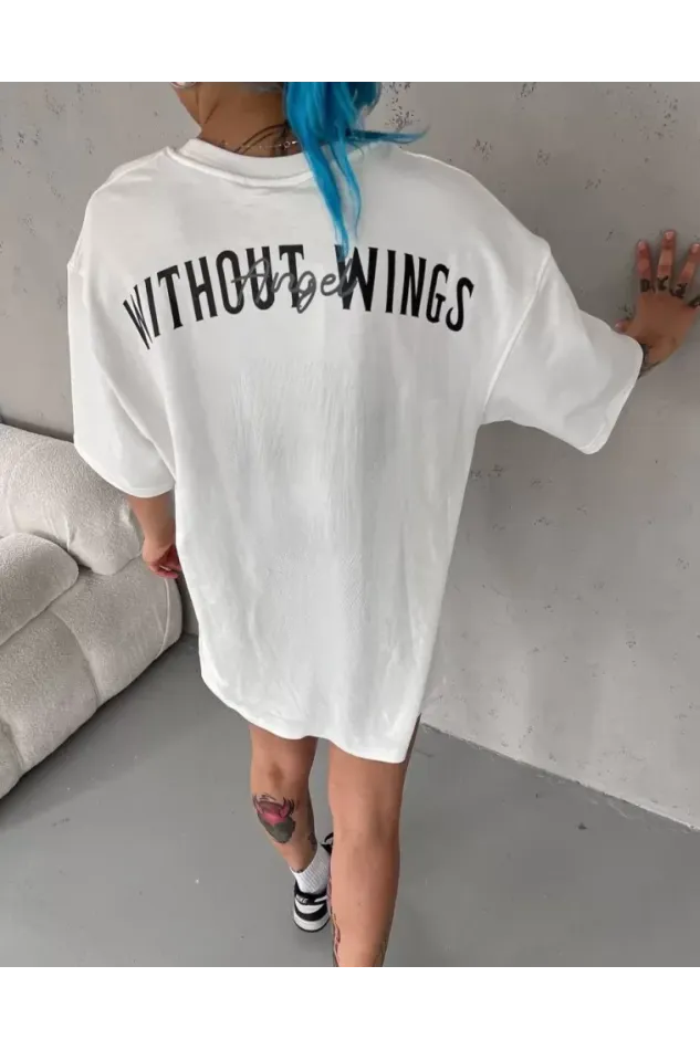 Unisex Bisiklet Yaka Baskılı Oversize T-Shirt - Beyaz