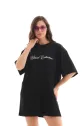 Unisex Bisiklet Yaka Baskılı Oversize T-Shirt - Siyah
