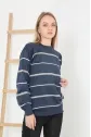 Unisex İnce Çizgili Bisiklet Yaka Triko Kazak - Lacivert