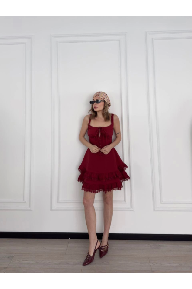 Mini Askılı Elbise - Bordo